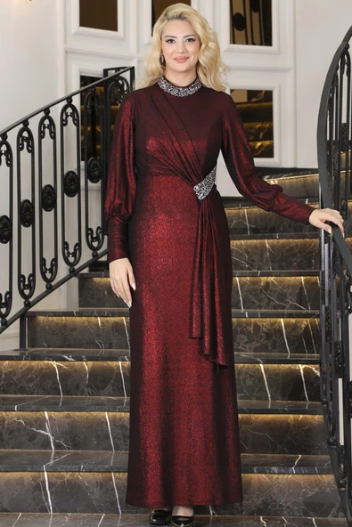 Açelya Sarkaçlı Taşlı Tesettür Abiye Bordo - Resim 3