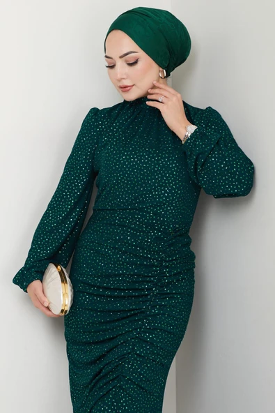 Puantiye Desenli Rüya Tesettür Abiye Zümrüt - Resim 2
