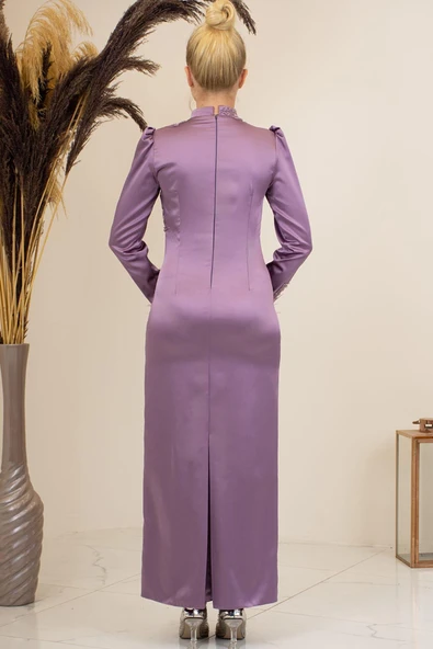 Önü Boncuk Aplik İşleme Kolları Tüylü Nara Tesettür Abiye Gül Kurusu - Resim 3