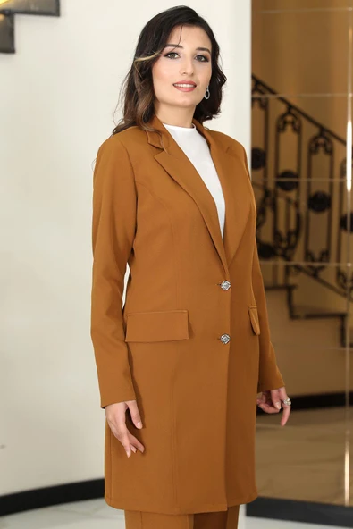 Parla Uzun Ceket Pantolon İkili Tesettür Takım Taba - Resim 2