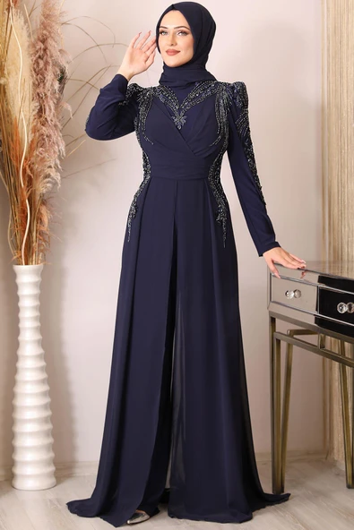 Güneş Boncuk İşlemeli Tesettür Tulum Lacivert ürün görseli