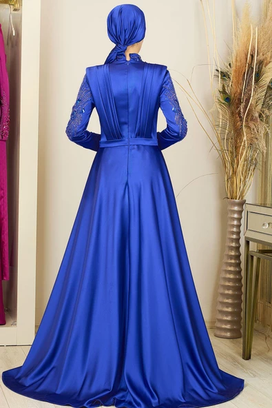 Önü Drapeli Kuyruklu Boncuk İşlemeli Miranda Tesettür Abiye Saks - Resim 3