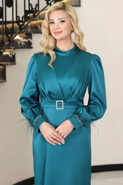 Lara Kemerli Saten Tesettür Abiye Petrol - Resim 2