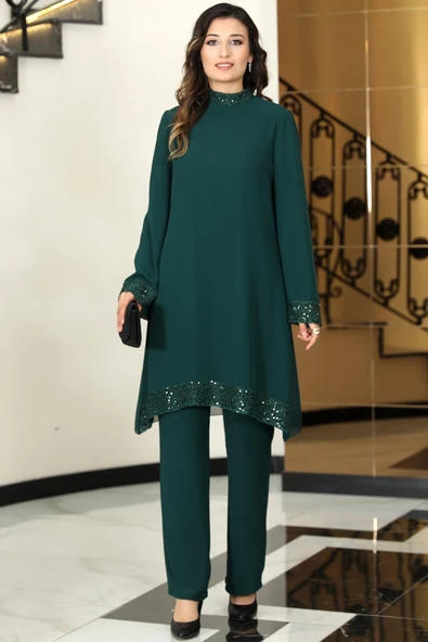 Umay Şifon Tunik Pantolon İkili Tesettür Takım Zümrüt ürün görseli