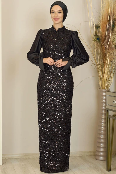 Balon Kollu Pul Payetli Azra Tesettür Abiye Siyah ürün görseli