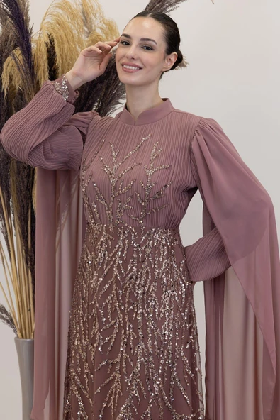 Kolları Pelerinli Ezgi Tesettür Abiye Gül Kurusu - Resim 2