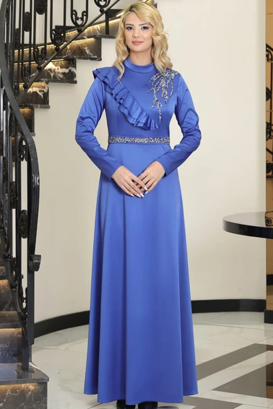 Ada Saten Taşlı Tesettür Abiye İndigo ürün görseli