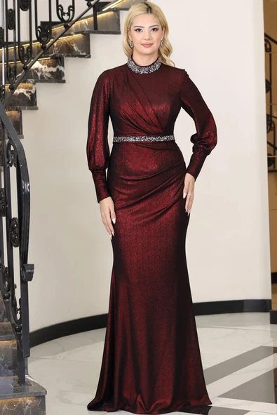 Hürrem Kuyruklu Taşlı Tesettür Abiye Bordo ürün görseli