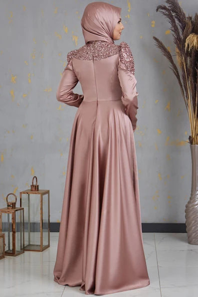 Bersu Önü Pul Boncuk İşlemeli Tesettür Abiye Vizon - Resim 3