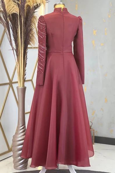 Ela Tesettür Abiye Bordo - Resim 4