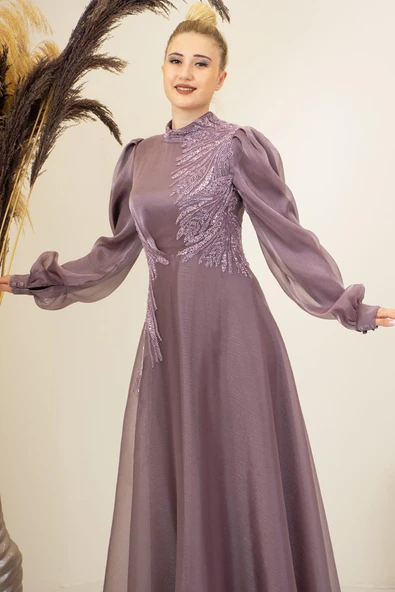 Yağmur Tesettür Abiye Gül Kurusu - Resim 2