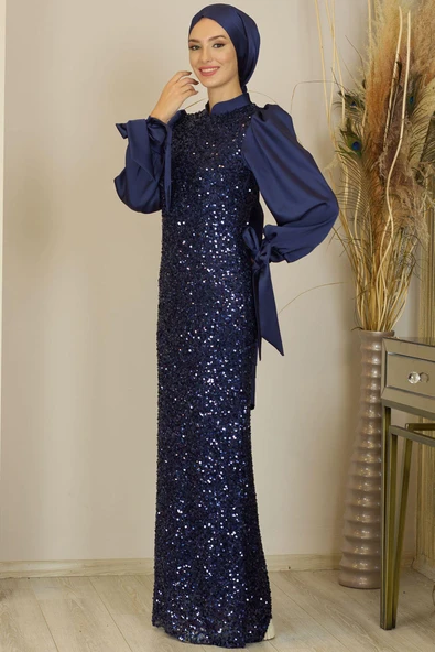 Balon Kollu Pul Payetli Azra Tesettür Abiye Lacivert - Resim 4