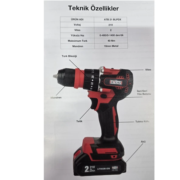 ATTLAS ATB21 BLPDX-202C AKÜLÜ KÖMÜRSÜZ DARBELİ MATKAP 2.0AH A0104098 - 3