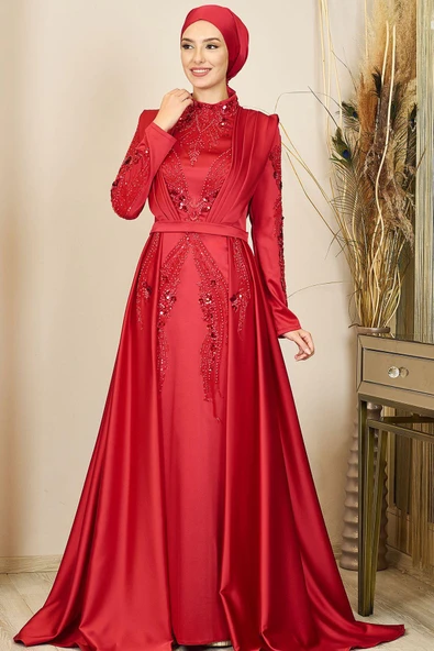 Önü Drapeli Kuyruklu Boncuk İşlemeli Miranda Tesettür Abiye Kırmızı ürün görseli