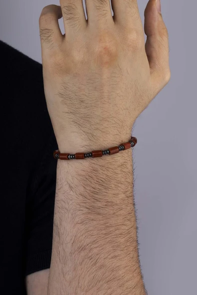 Gümüş Pazarım Silindir Kesim Akik Hematit Taşlı Doğal Taş Erkek Bileklik - Resim 3