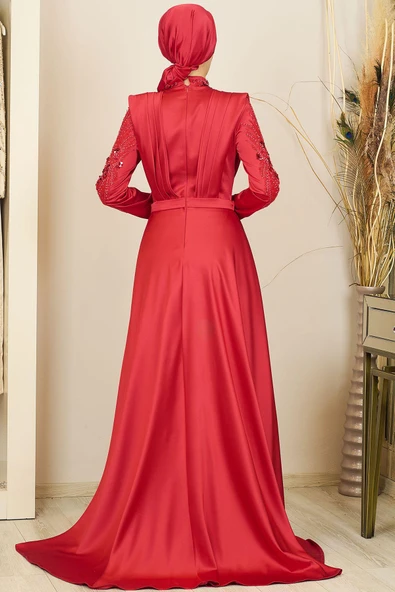 Önü Drapeli Kuyruklu Boncuk İşlemeli Miranda Tesettür Abiye Kırmızı - Resim 3