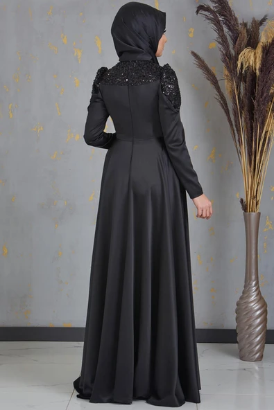 Bersu Önü Pul Boncuk İşlemeli Tesettür Abiye Siyah - 3