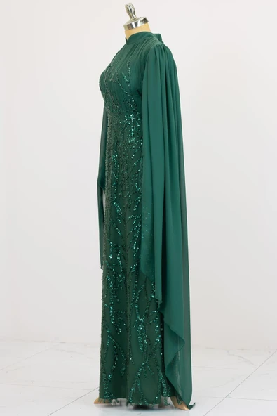 Kolları Pelerinli Ezgi Tesettür Abiye Zümrüt - Resim 3