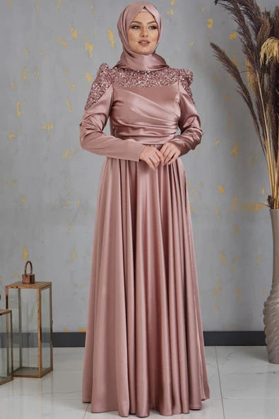 Bersu Önü Pul Boncuk İşlemeli Tesettür Abiye Vizon ürün görseli