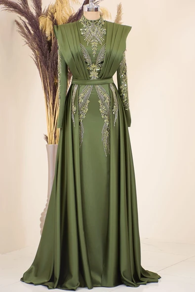 Önü Drapeli Kuyruklu Boncuk İşlemeli Miranda Tesettür Abiye Haki ürün görseli