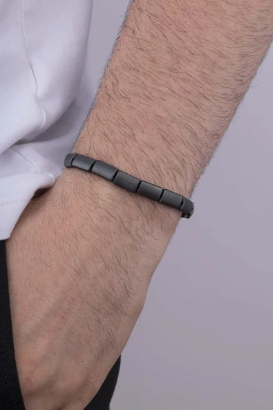 Gümüş Pazarım Dikdörtgen Kesim Hematit Taşlı Doğal Taş Mat Yüzey Erkek Bileklik ürün görseli 1