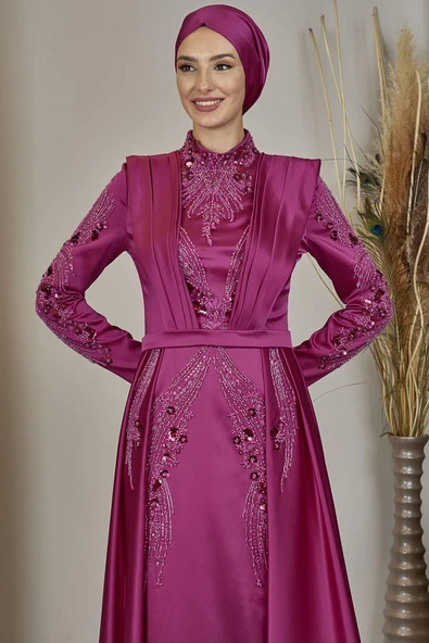 Önü Drapeli Kuyruklu Boncuk İşlemeli Miranda Tesettür Abiye Fuşya - Resim 2