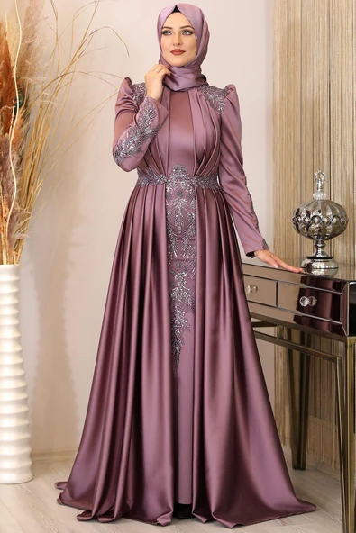 Karaca Önü Drapeli Aplikli Tesettür Abiye Gül Kurusu ürün görseli