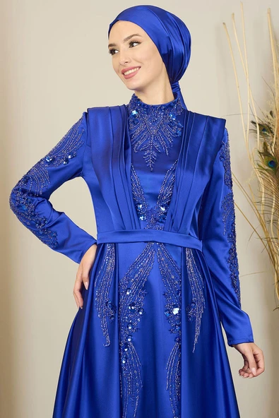 Önü Drapeli Kuyruklu Boncuk İşlemeli Miranda Tesettür Abiye Saks - Resim 2