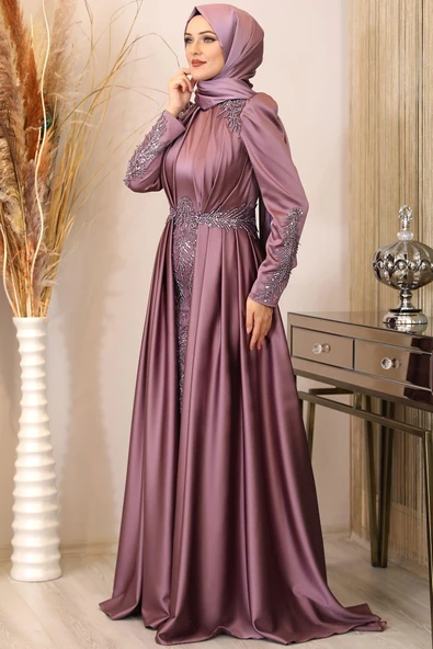 Karaca Önü Drapeli Aplikli Tesettür Abiye Gül Kurusu - Resim 4