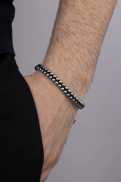 Gümüş Pazarım Çift Sıra Hematit Taşlı Doğal Taş Bileklik