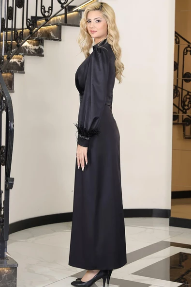 Lara Kemerli Saten Tesettür Abiye Siyah - 3