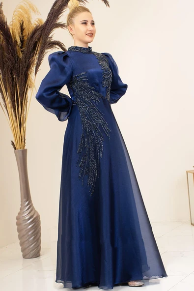 Yağmur Tesettür Abiye Lacivert - Resim 4