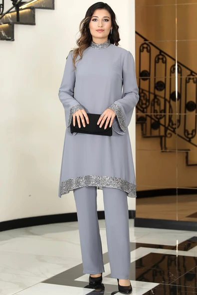 Umay Şifon Tunik Pantolon İkili Tesettür Takım Gri ürün görseli