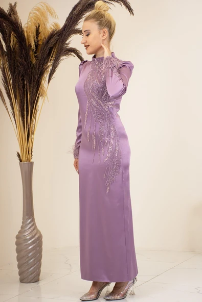 Önü Boncuk Aplik İşleme Kolları Tüylü Nara Tesettür Abiye Gül Kurusu ürün görseli