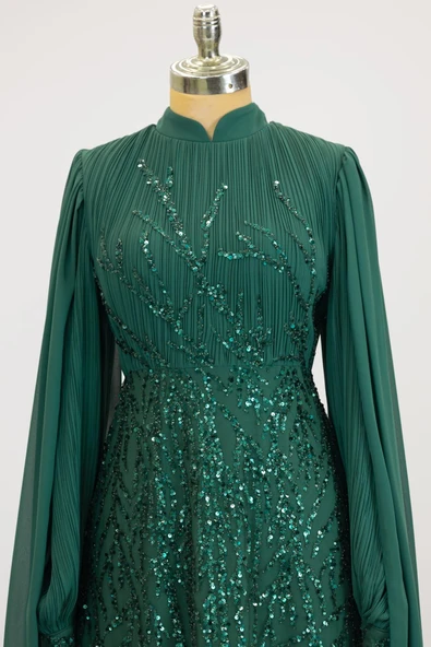 Kolları Pelerinli Ezgi Tesettür Abiye Zümrüt - Resim 2