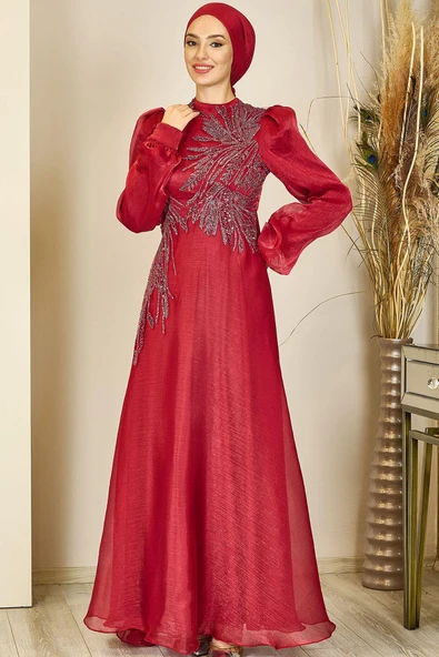 Yağmur Tesettür Abiye Bordo - Resim 5