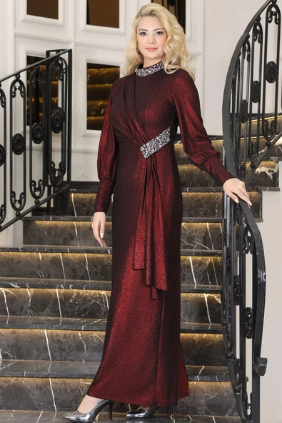 Açelya Sarkaçlı Taşlı Tesettür Abiye Bordo ürün görseli