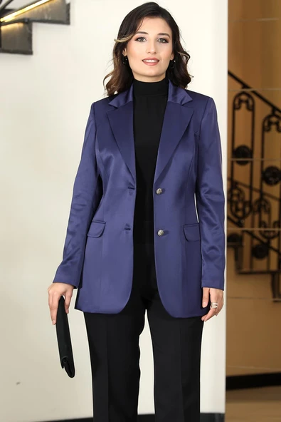 Yaren Astarlı Saten Ceket Lacivert ürün görseli