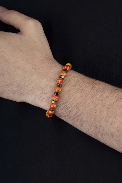 Gümüş Pazarım Sarı Kırmızı Tibet Akik Doğal Taş Erkek Bileklik - Resim 3