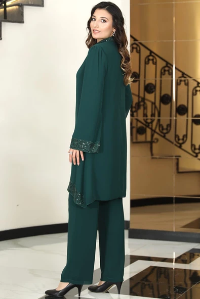 Umay Şifon Tunik Pantolon İkili Tesettür Takım Zümrüt - Resim 3