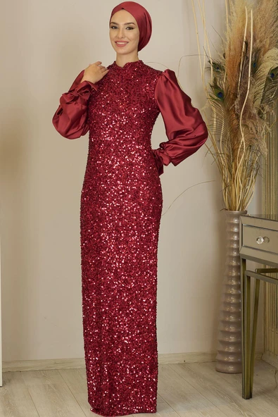 Balon Kollu Pul Payetli Azra Tesettür Abiye Bordo ürün görseli