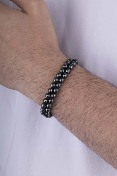 Gümüş Pazarım Çift Sıra Yuvarlak Kesim Hematit Taşlı Doğal Taş Bileklik - 2