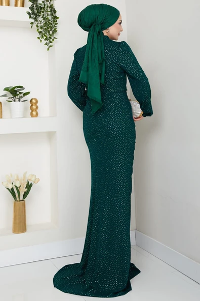 Puantiye Desenli Rüya Tesettür Abiye Zümrüt - Resim 3