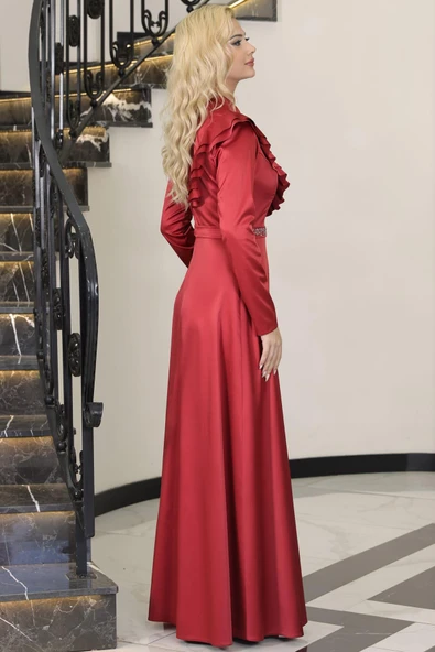 Ada Saten Taşlı Tesettür Abiye Bordo - Resim 3