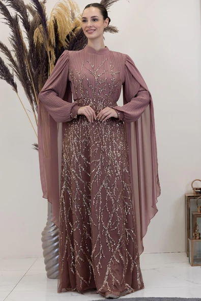 Kolları Pelerinli Ezgi Tesettür Abiye Gül Kurusu ürün görseli