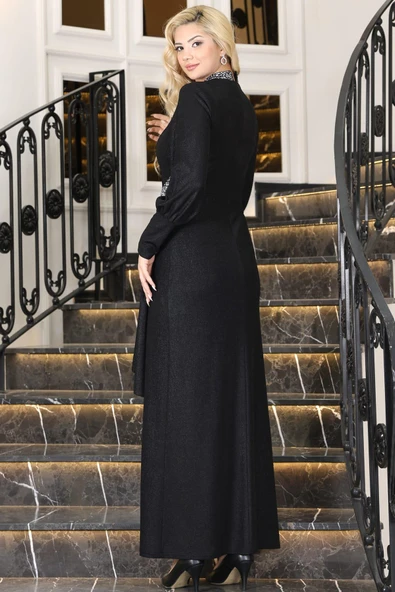 Açelya Sarkaçlı Taşlı Tesettür Abiye Siyah - Resim 4