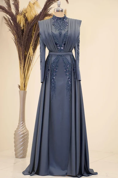 Önü Drapeli Kuyruklu Boncuk İşlemeli Miranda Tesettür Abiye Antrasit ürün görseli