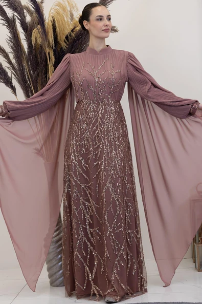 Kolları Pelerinli Ezgi Tesettür Abiye Gül Kurusu - Resim 3