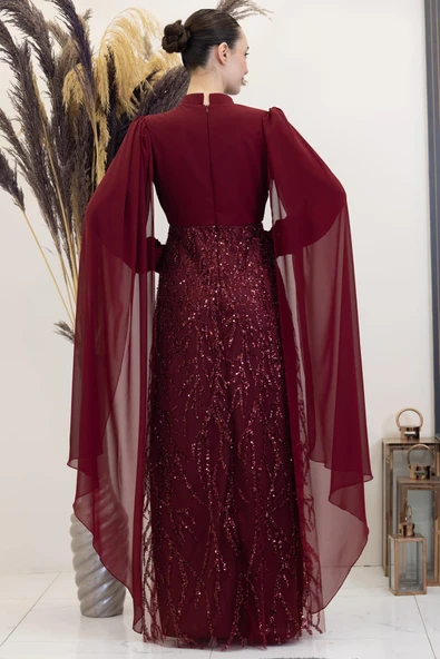 Kolları Pelerinli Ezgi Tesettür Abiye Bordo - Resim 3