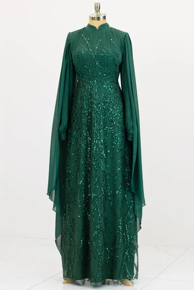 Kolları Pelerinli Ezgi Tesettür Abiye Zümrüt ürün görseli